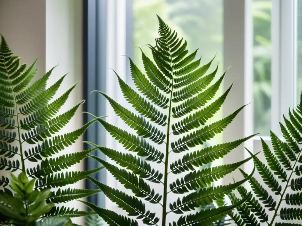 Cuidado de plantas de interior en clima frío: detalle de helecho verde en un entorno minimalista y sereno