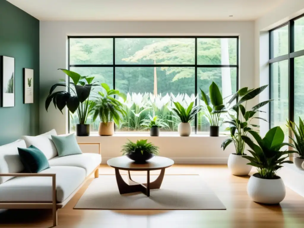 Cuidado plantas interior climas fríos: Sala minimalista con plantas de clima frío en estantes modernos, iluminada por luz natural