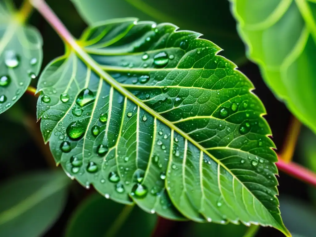 Cuidado de plantas de interior: delicadas gotas de agua brillan sobre exuberantes hojas verdes, creando un efecto hipnótico y mágico