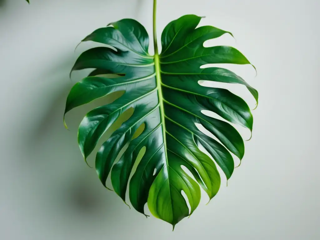 Fotografía de cuidado de plantas de interior: Detalle de una hoja de monstera deliciosa en tonos verdes vibrantes sobre fondo blanco