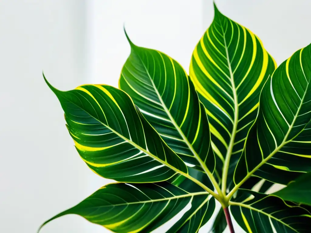 Cuidado de plantas de interior: Detalle de planta verde con hojas variegadas en fondo blanco, emanando tranquilidad y elegancia