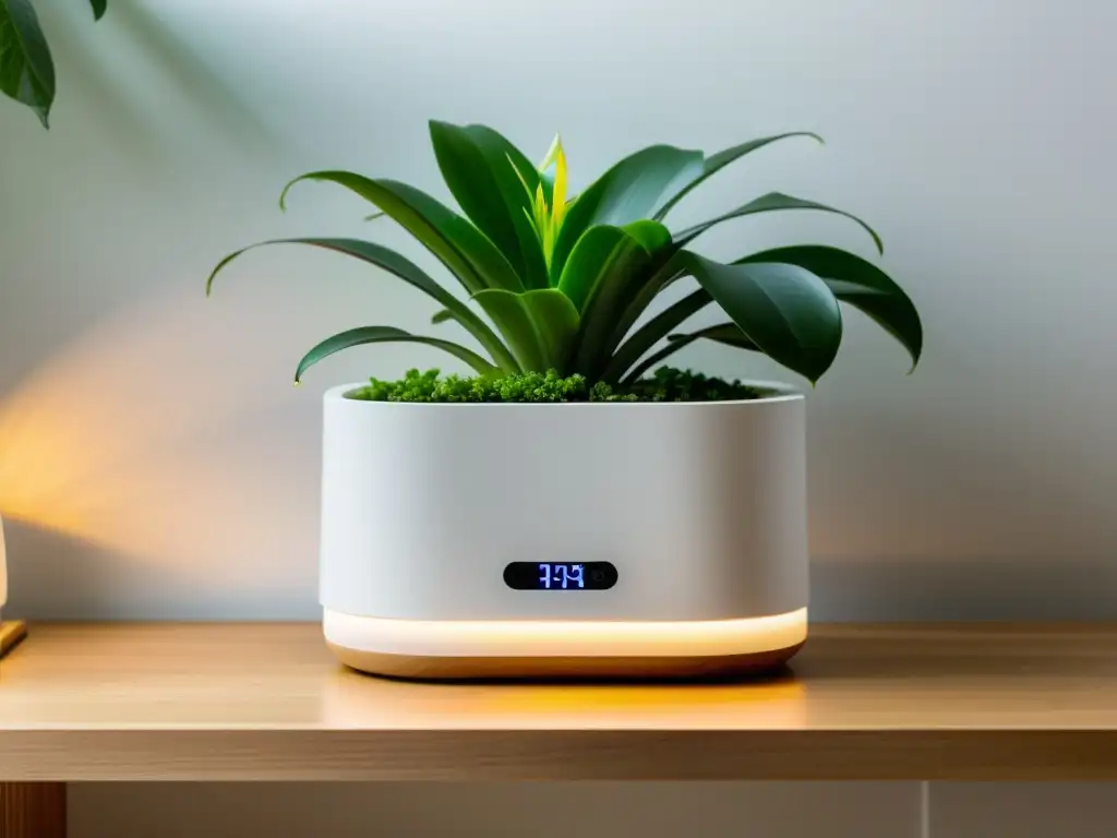 Cuidado autónomo para plantas de interior con elegante maceta inteligente blanca, pantalla LED y exuberante follaje verde