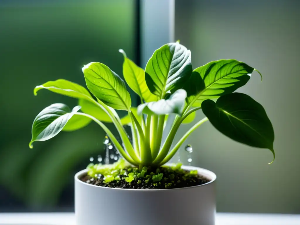 Cuidado de plantas de interior hidropónicas: Detalle de una exuberante planta verde en solución nutritiva, bañada por luz suave