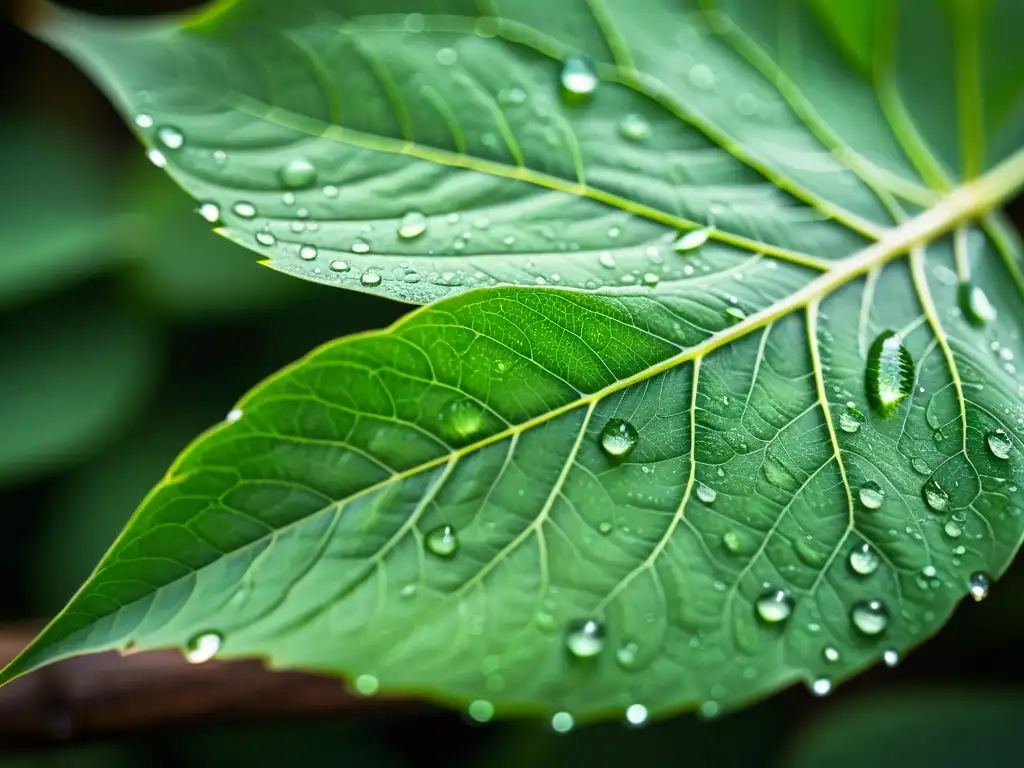 Una fotografía de cuidado de plantas de interior con una hoja verde vibrante cubierta de delicadas venas y gotas de agua, iluminada por luz natural suave, evocando tranquilidad