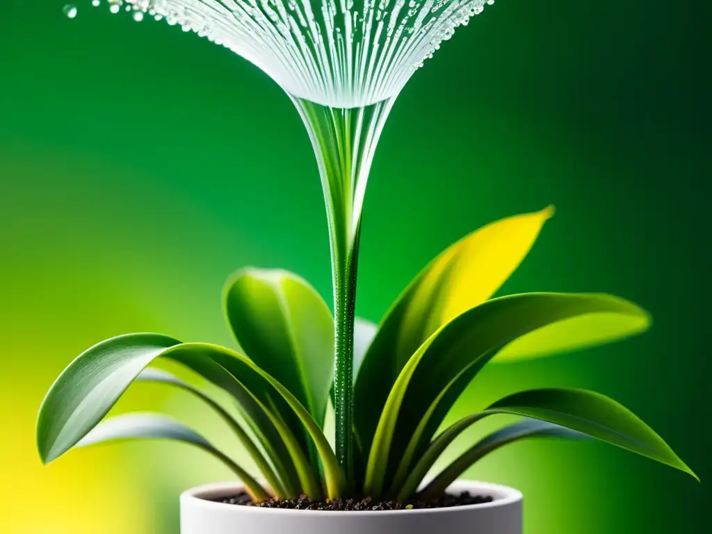 Cuidado de plantas de interior: Imagen elegante y detallada de un sistema de riego con gotas de agua cayendo sobre hojas verdes vibrantes