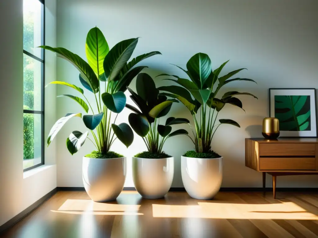 Cuidado de plantas de interior: luminoso y sereno espacio con plantas exuberantes en macetas modernas, creando un ambiente tranquilo y natural