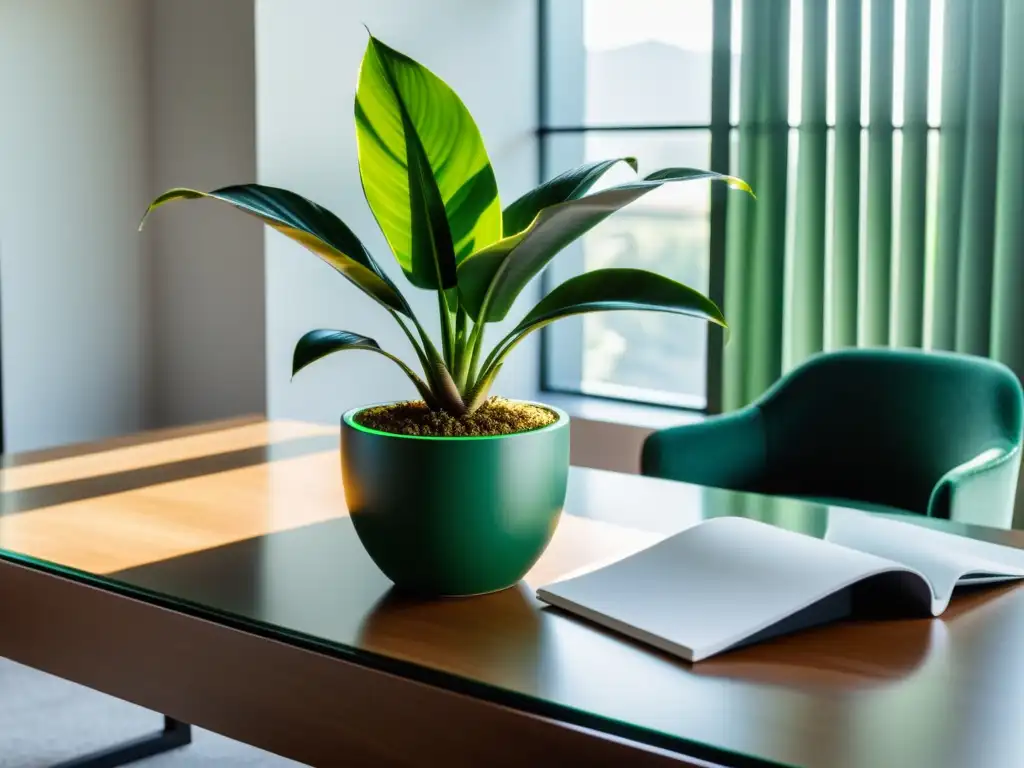 Cuidado de plantas de interior en oficina: Escritorio minimalista con planta de serpiente vibrante bajo la suave luz del sol