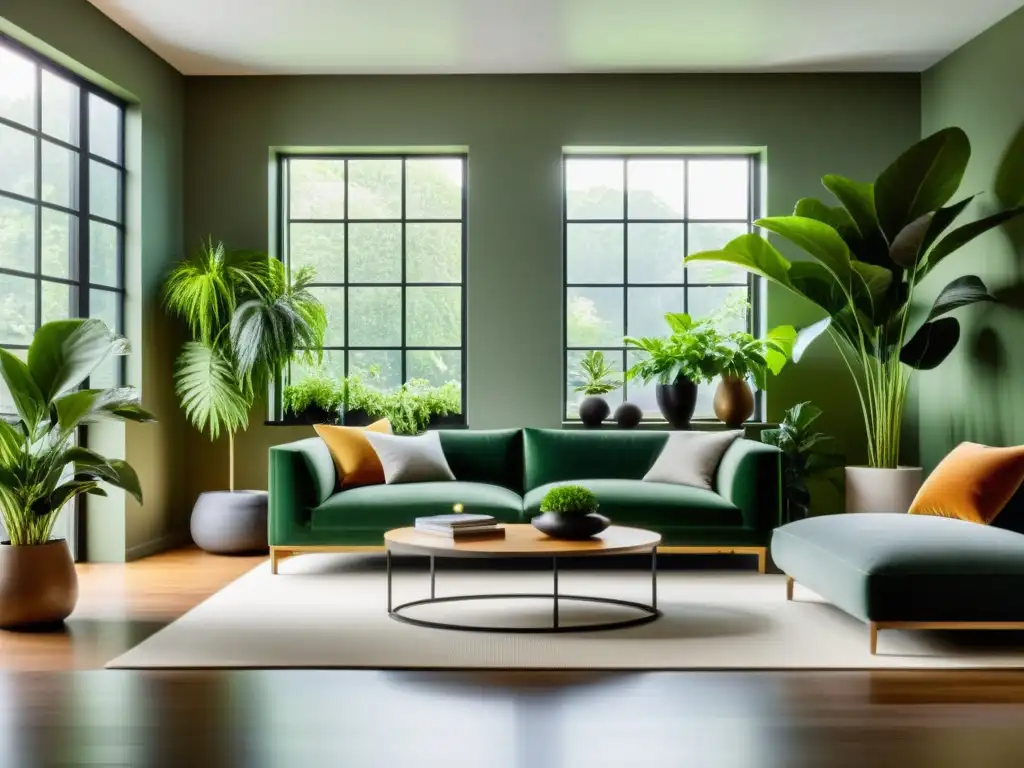 Fotografía para cuidado de plantas de interior: Sala minimalista con plantas sanas y luz natural, creando un ambiente acogedor y sereno