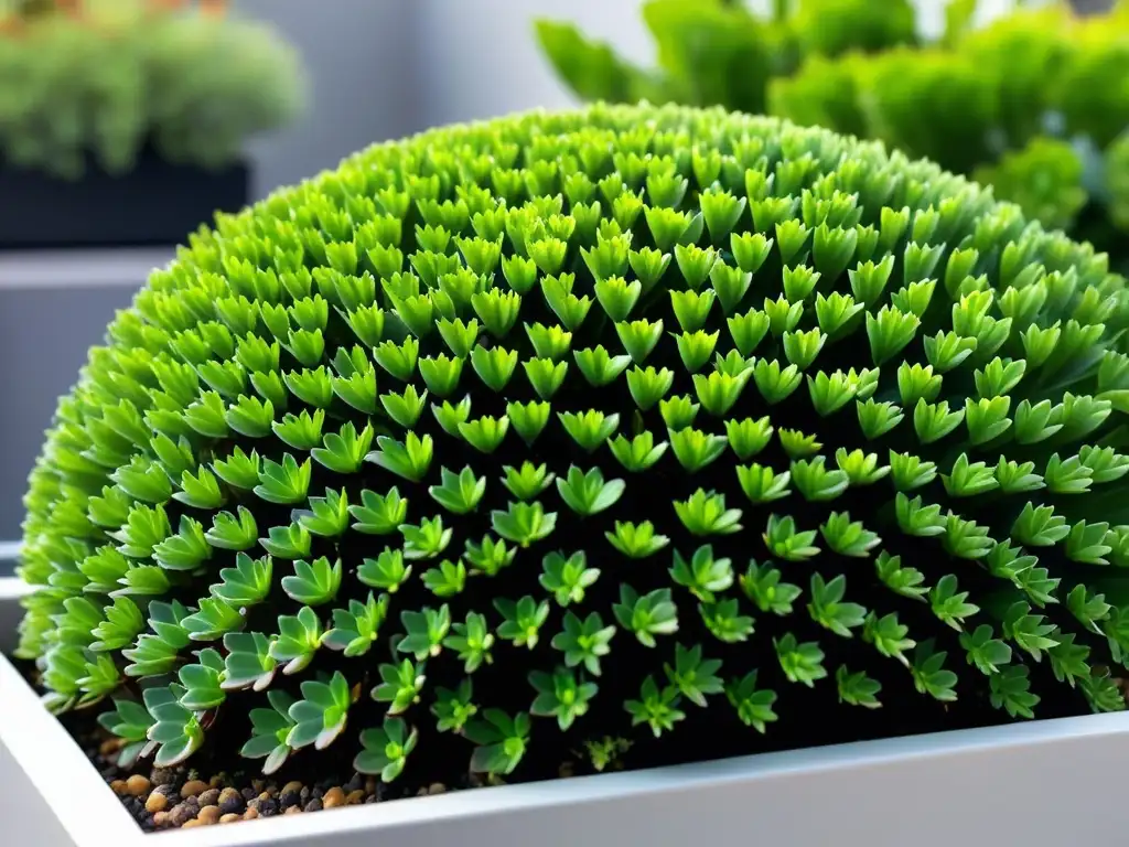 Cuidado de plantas interior en techos verdes: Sedum vibrante en maceta moderna, con luz y sombra jugando sobre las hojas