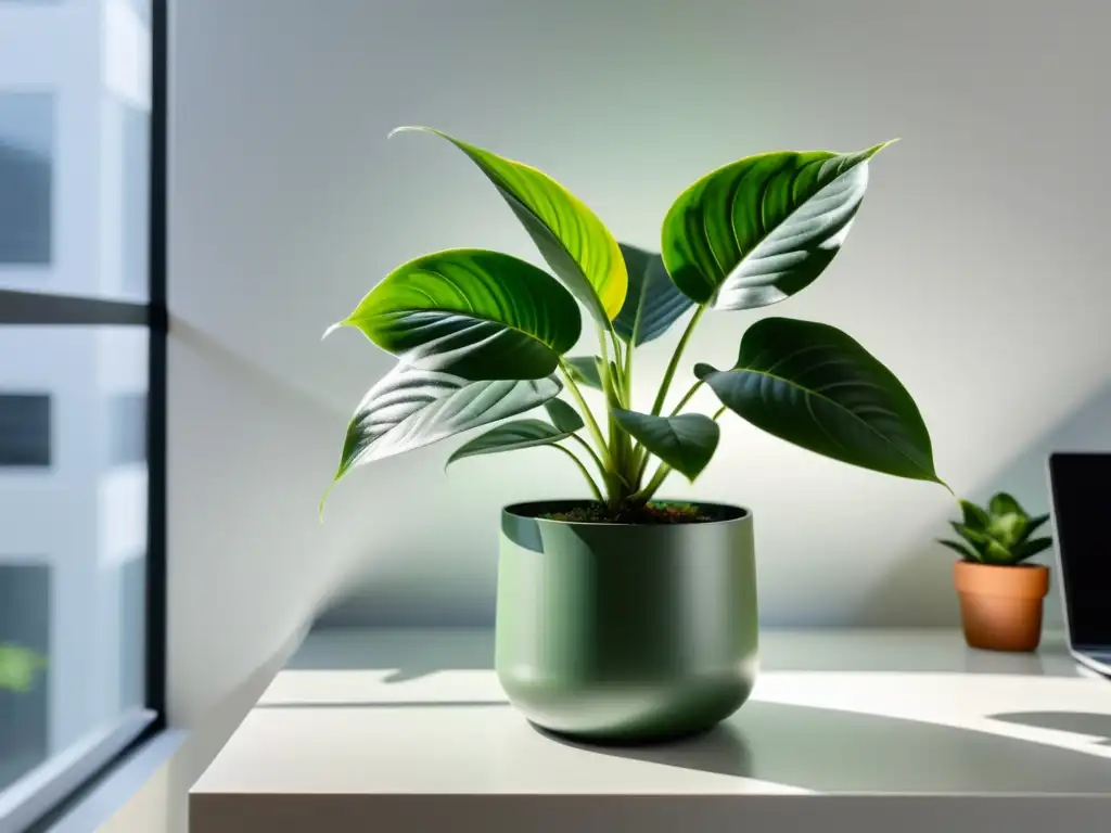 Cuidado plantas interior oficina: Planta verde y exuberante en moderna maceta, iluminada por luz natural en un espacio sereno y acogedor