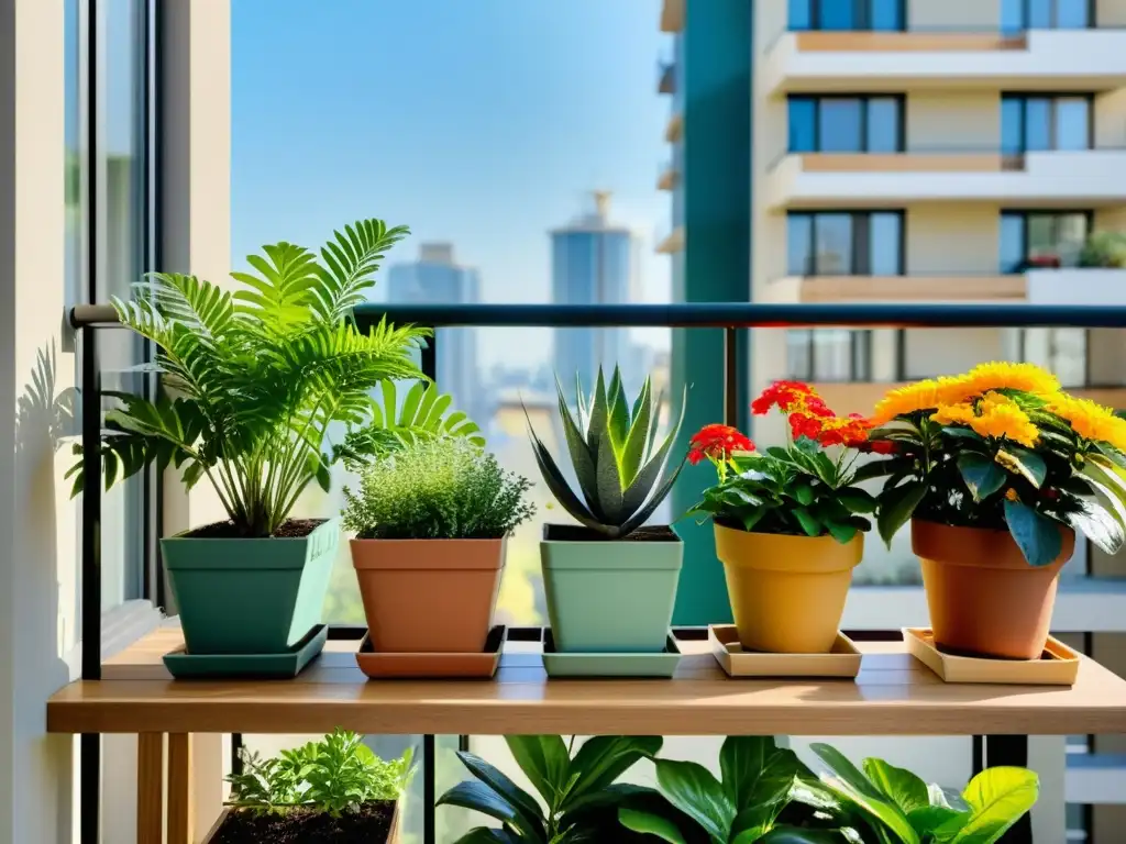 Un jardín de balcón bien cuidado con plantas en macetas, creando un equilibrio armonioso entre la naturaleza y la vida urbana