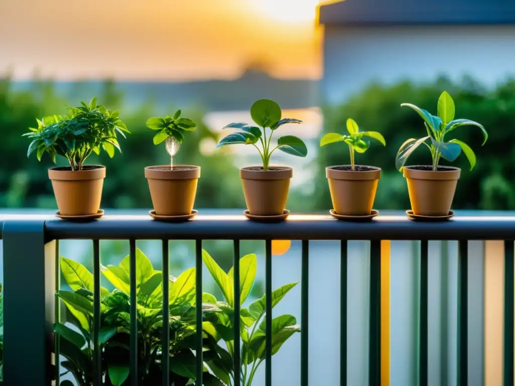 Un jardín de balcón bien cuidado con plantas en macetas