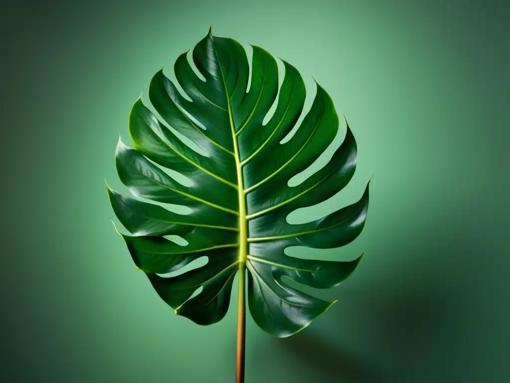 Fotografía de cuidado de plantas de interior: Monstera exuberante con hojas brillantes y sombras intrincadas