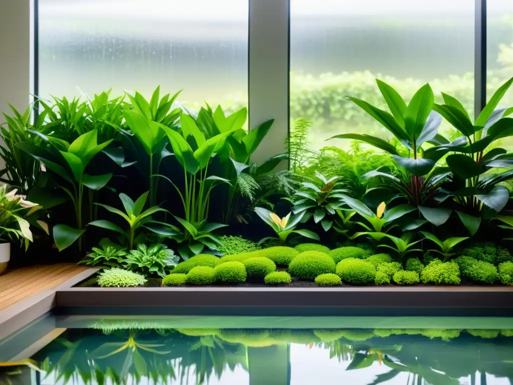 Cuidado de plantas en un sereno jardín acuático interior, con plantas verdes vibrantes, suaves ondulaciones en el agua y luz natural