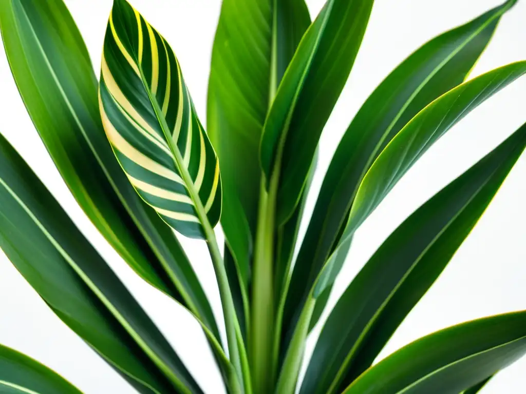 Cuidado plantas serpientes interior: Detalle de una exuberante sansevieria con hojas largas y rayas verdes, sobre fondo blanco