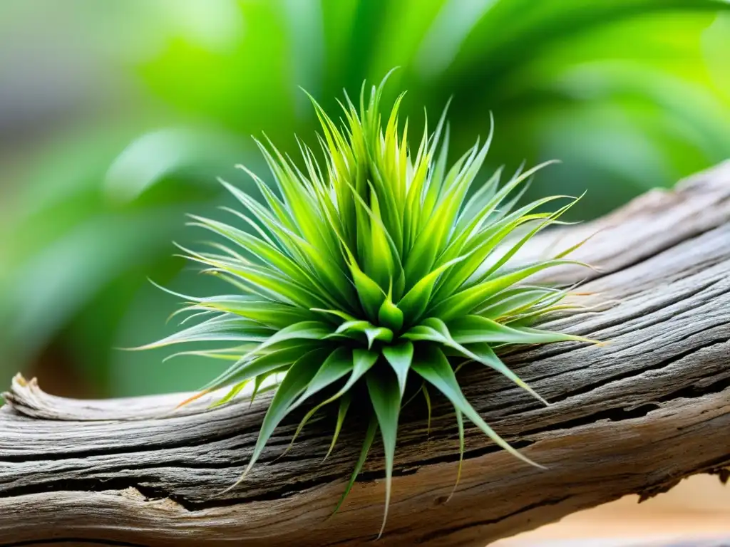 Cuidado de raíces aéreas: Detalle de planta Tillandsia verde con raíces entrelazadas en madera a la que asoman gotas de agua