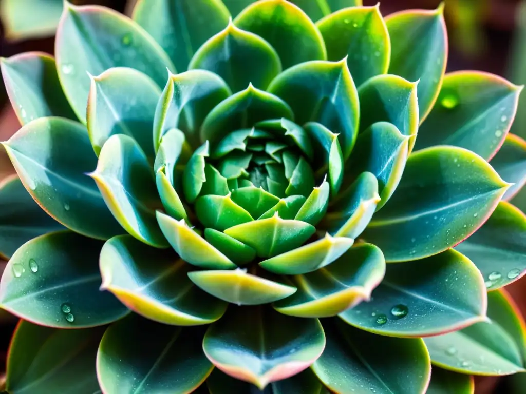 Cuidado de suculentas de interior: Detalle de una Echeveria suculenta verde con gotas de agua, iluminada por la suave luz del sol