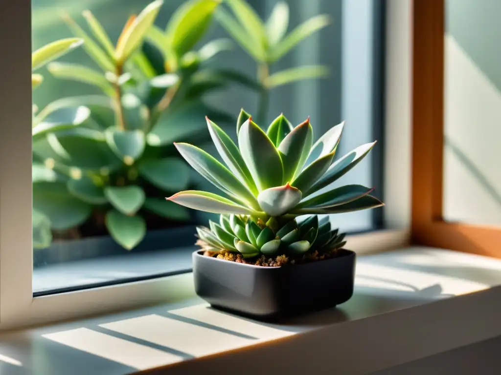 Cuidado suculentas: Detalle de suculenta en ventana, con luz natural resaltando su belleza y tranquilidad en espacios pequeños