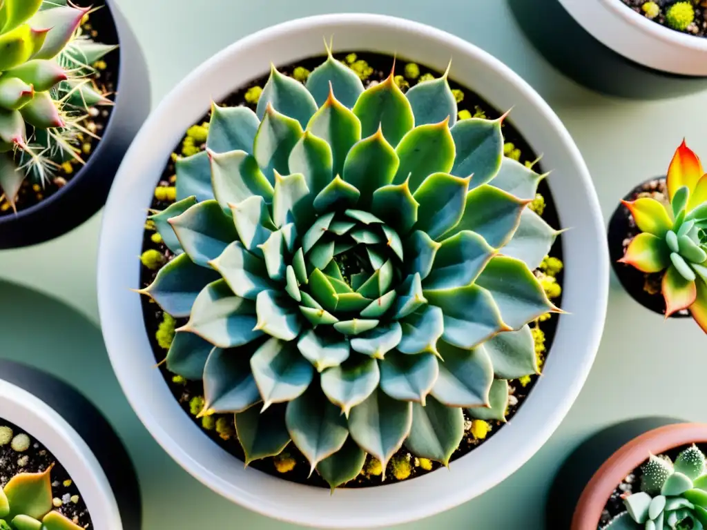 Cuidado de cactus y suculentas en interiores: Detalle exquisito de cactus y suculentas en elegantes macetas blancas, con agua y luz ambiental