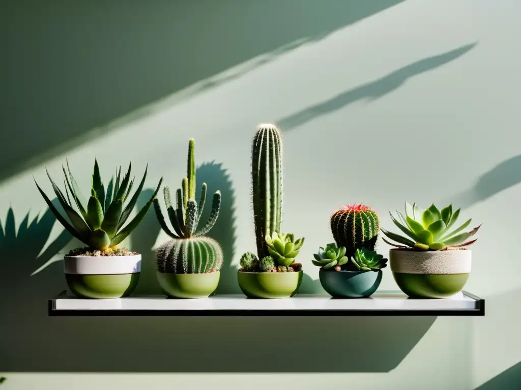 Cuidado de cactus y suculentas en interiores: Elegante sala con cactus y suculentas en estantes flotantes, bañados por luz natural