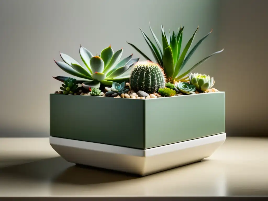 Cuidado de suculentas en interiores: Imagen de un elegante y minimalista jardín interior con suculentas y cactus vibrantes en un moderno macetero, iluminado por la suave luz natural