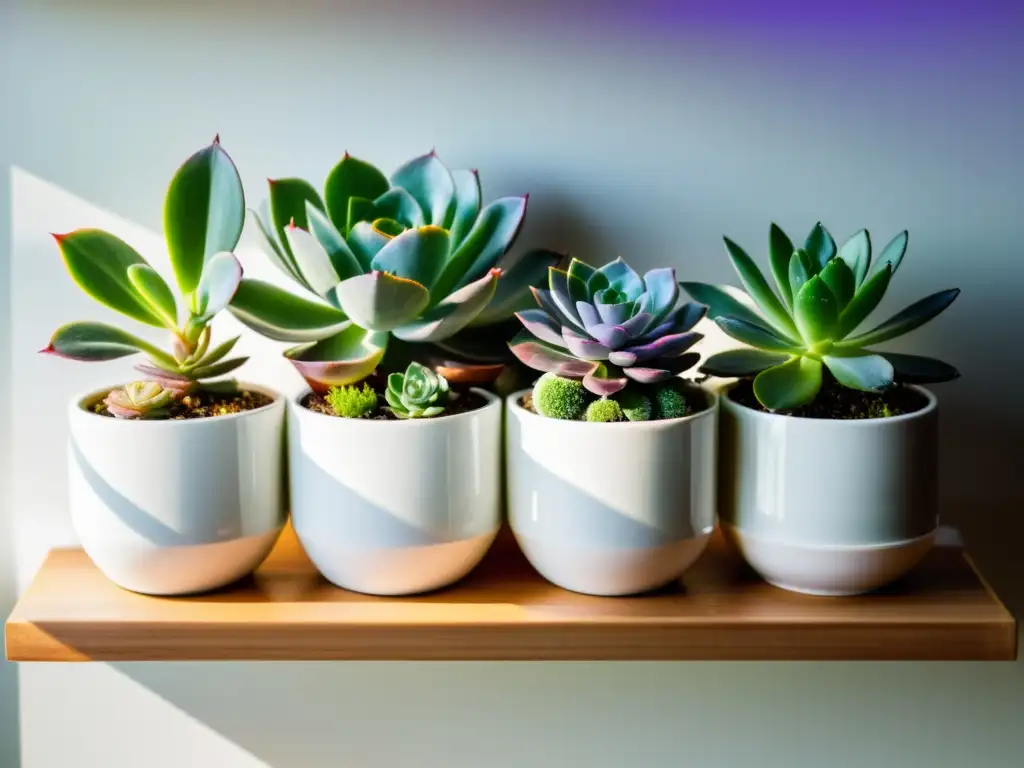 Succulentes en miniatura: belleza natural en interior Cuidado de suculentas en interiores: Imagen de jardín minimalista de suculentas en macetas blancas sobre repisa de madera, bañado por luz natural