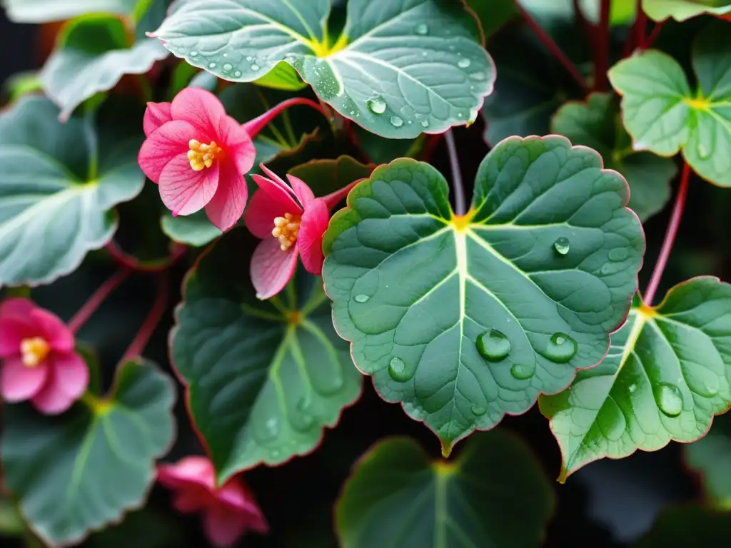 Cuidados de begonias de interior: Detalle de begonia en flor, con hojas verdes brillantes y pétalos rosados