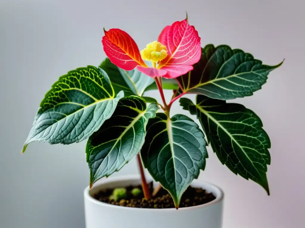 Cuidados de begonias de interior: Imagen de una exuberante begonia en tonos verdes y rosa en maceta blanca, sobre fondo blanco