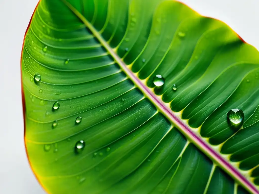 Cuidados esenciales para orquídeas de interior: Detalle de una hoja de orquídea sana y vibrante, con patrones de venas y gotas de agua en la luz solar