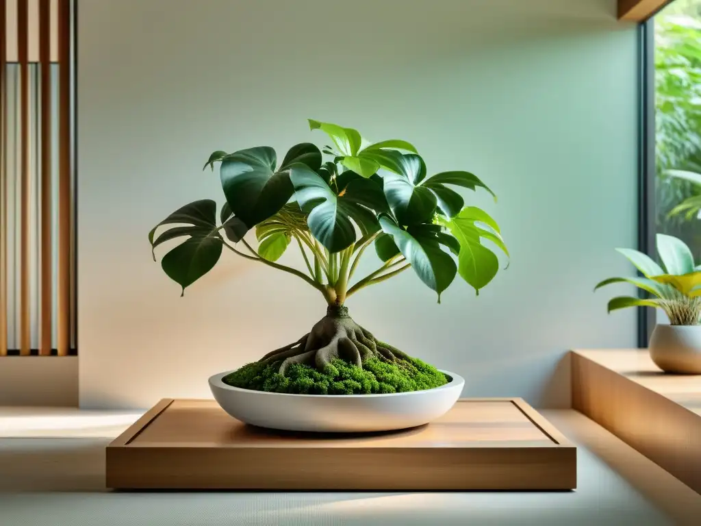 Cuidados Pachira acuática Feng Shui en un espacio sereno y armónico con diseño minimalista y abundante luz natural