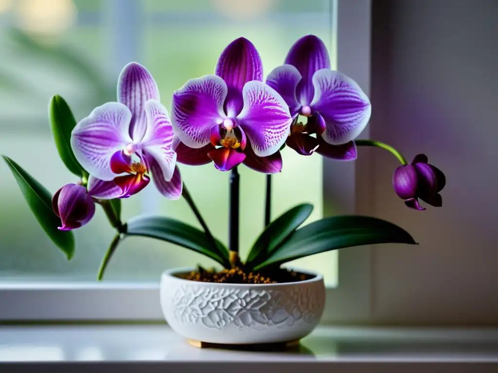 Cuidados especiales para orquídeas de interior: Detalle de una orquídea morada en maceta blanca en la ventana, resaltando su belleza y elegancia en un ambiente sereno y luminoso