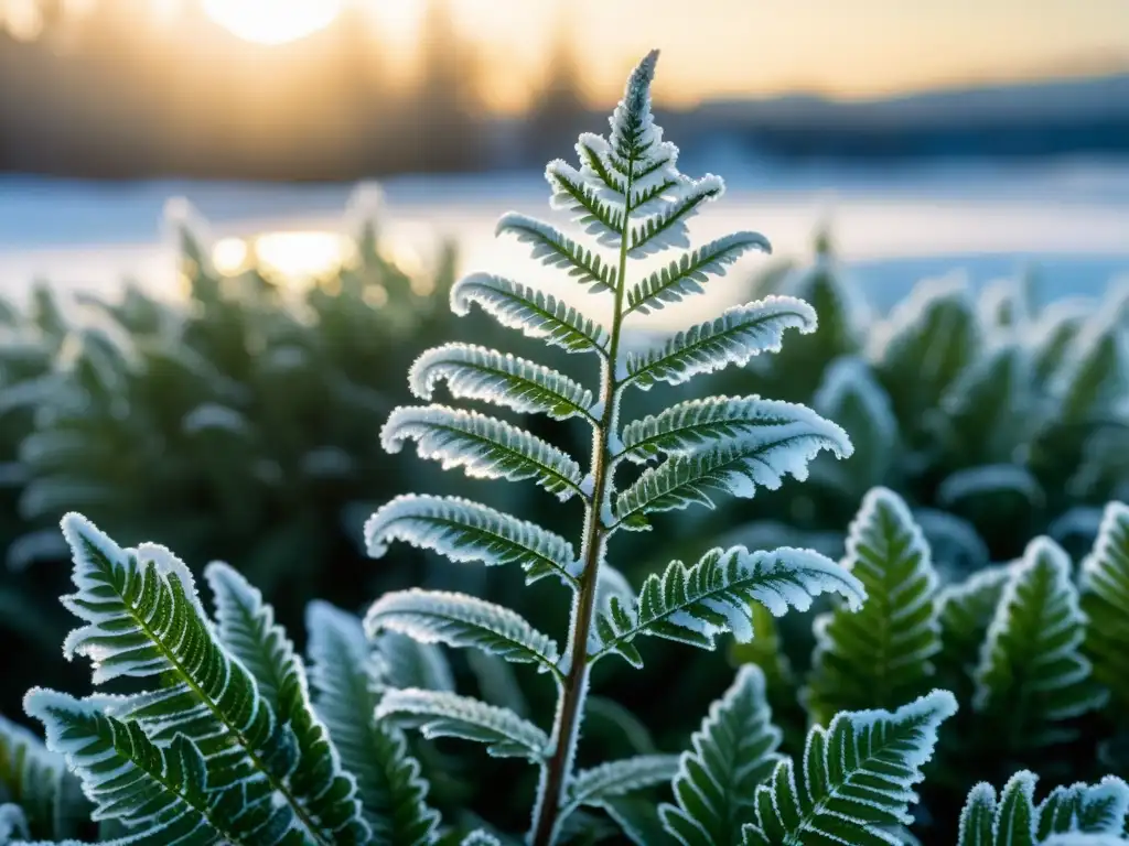 Cuidados helechos clima frío interior: Imagen de helecho cubierto de escarcha en paisaje invernal, resaltando su belleza natural y resistencia