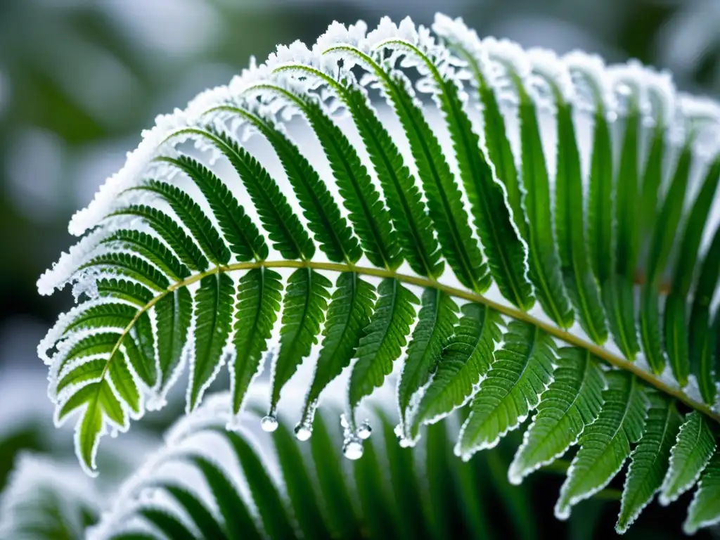 Cuidados helechos clima frío interior: Detalle de helecho con escarcha en jardín invernal, mostrando su belleza y resistencia