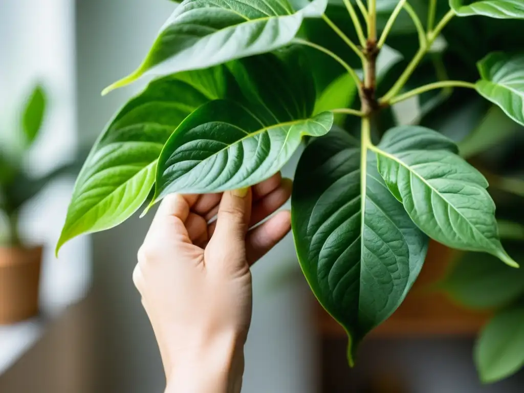 Cuidados íntimos para plantas de interior: Un par de manos podando delicadamente las hojas de una exuberante planta, mostrando su textura y venas