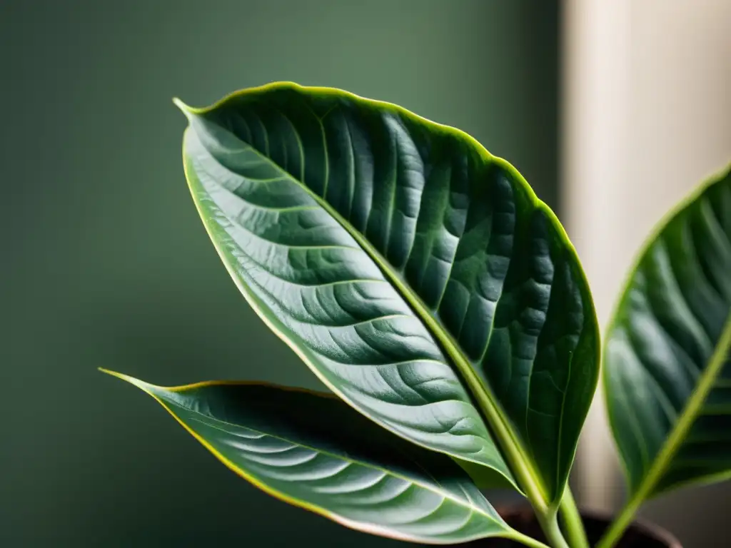'Cuidados íntimos para plantas de interior: Detalle de planta verde sana bañada en luz natural, evocando calma y tranquilidad