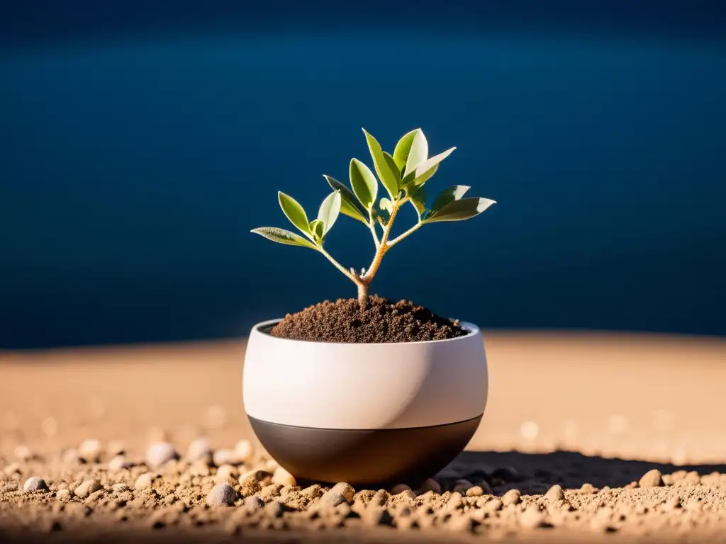 Cuidados nocturnos para plantas de interior en un paisaje lunar sereno, con una planta bañada por la luz de la luna en contraste con el entorno lunar