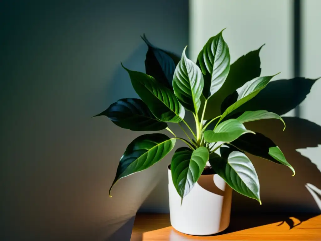 Cuidados nocturnos para plantas de interior: imagen de serenidad con planta iluminada por luz de luna en un espacio tranquilo y acogedor