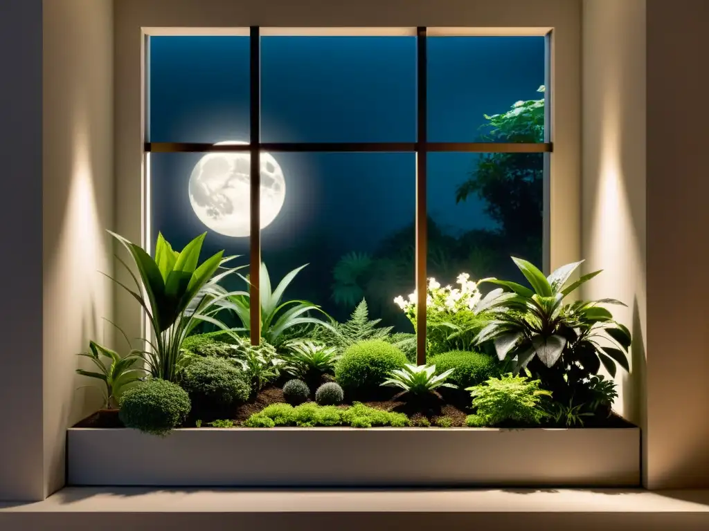 Cuidados nocturnos para plantas de interior: Jardín sereno iluminado por la luz de la luna, destacando la belleza de las plantas en la penumbra