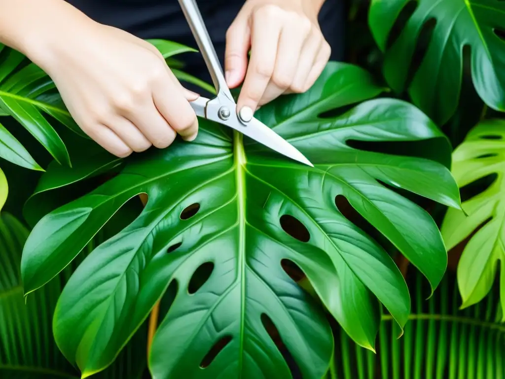 Cuidados poda plantas de interior: Imagen detallada de manos podando con cuidado hojas de monstera, resaltando la delicadeza del proceso