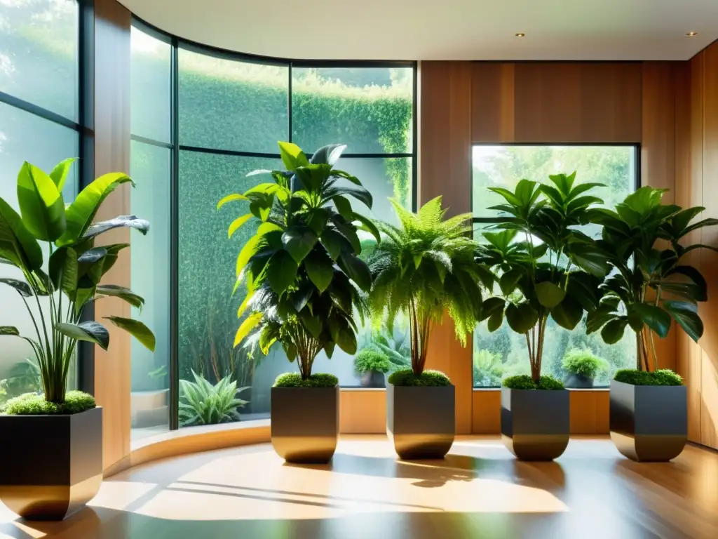 Cuidados de plantas purificadoras de aire en un elegante salón con plantas verdes exuberantes y luz natural