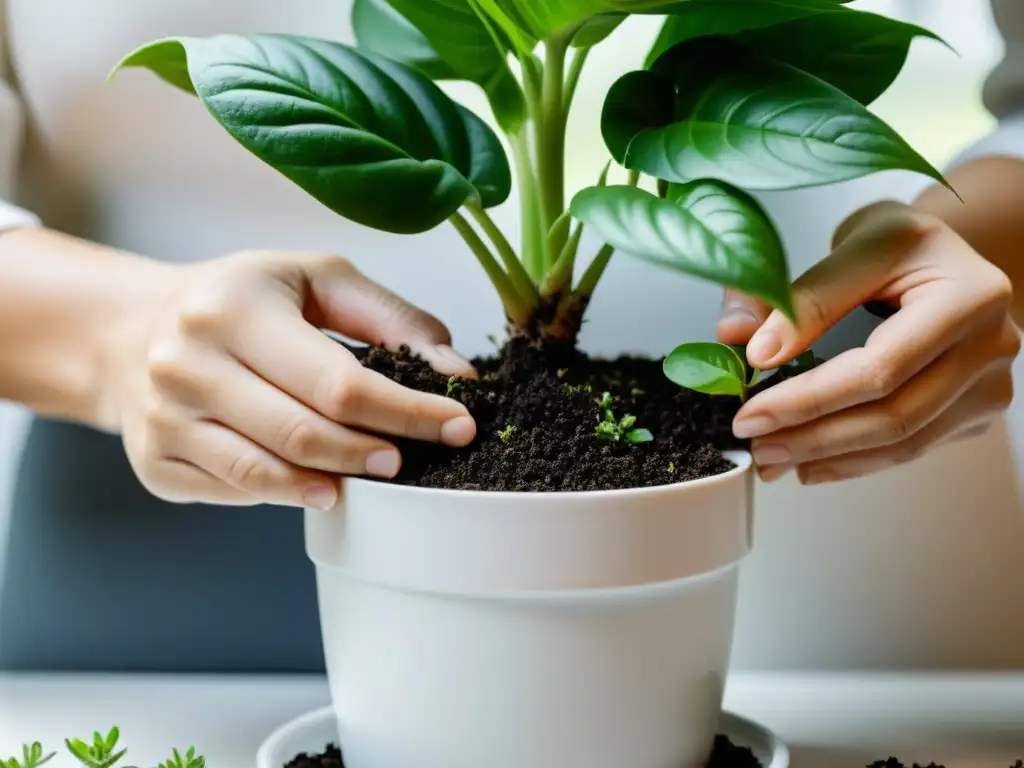 Cuidados post trasplante: manos cuidadosas trasplantando planta de interior a maceta blanca