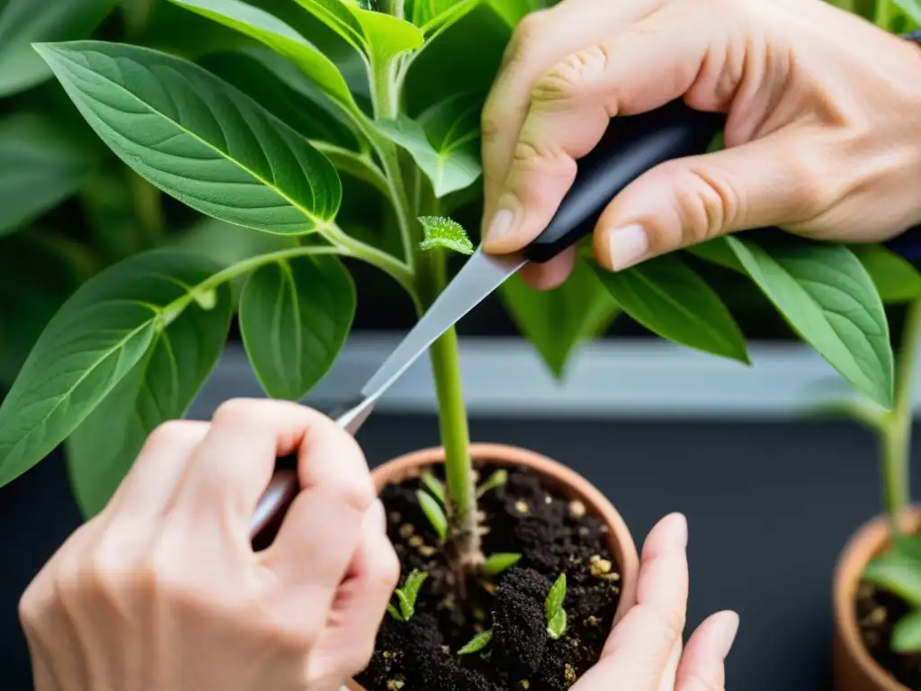 Cuidados postinjerto para plantas de interior: manos detalladas podando y injertando con precisión una delicada planta verde