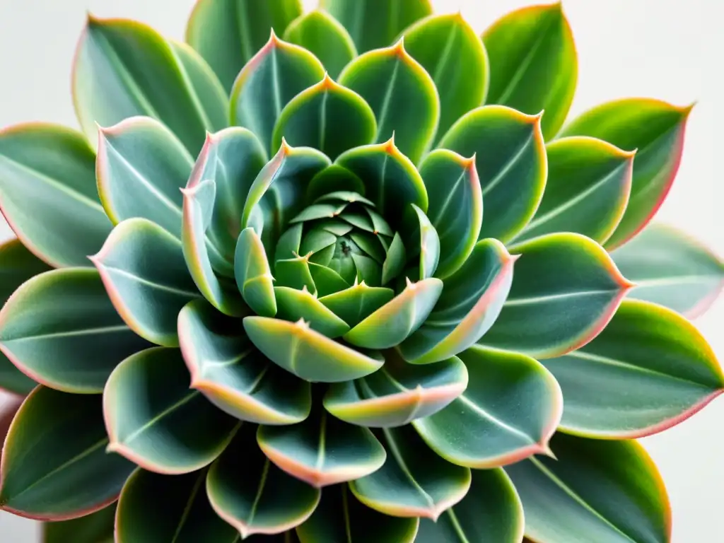 Cuidados suculentas raras floreciendo: Detalle de una suculenta rara con hojas variegadas en tonos de verde, rosa y crema, iluminada por luz natural en un fondo blanco