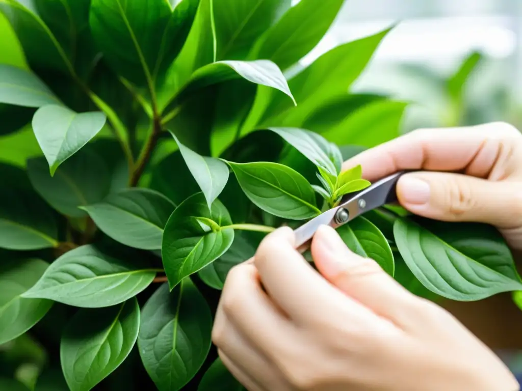 Cuidadosa poda de plantas de interior: manos expertas podan con precisión una exuberante planta verde con tijeras pequeñas