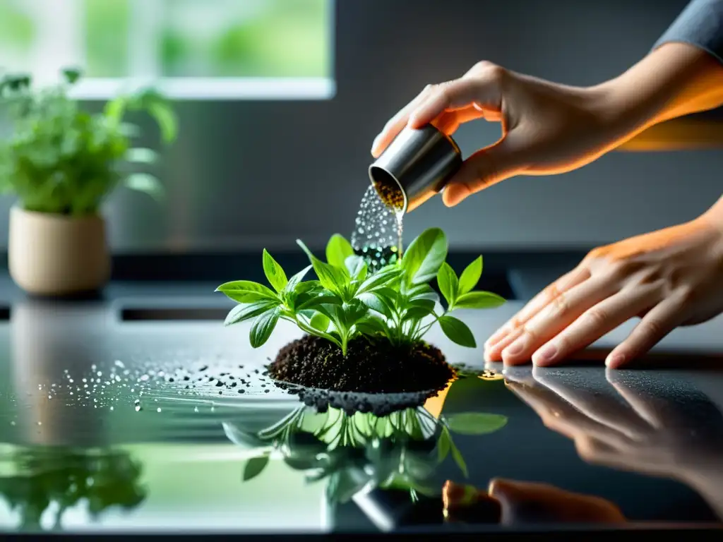 Cuidadosa siembra de hierbas aromáticas en una cocina moderna, irradiando tranquilidad