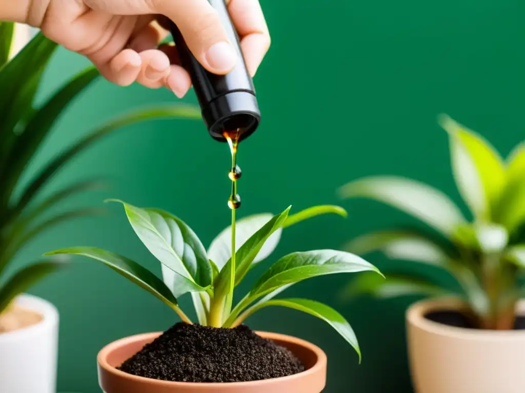 Un cuidadoso aplicador de abono líquido suelta una gota sobre la tierra de una planta de interior, destacando su eficacia