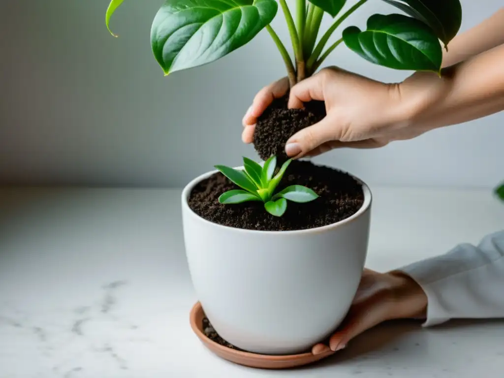 Un cuidadoso cambio de suelo para plantas de interior, promoviendo un crecimiento saludable con manos expertas