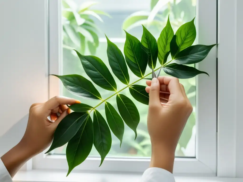 Podando con precisión: Arte de la jardinería interior Un cuidadoso corte de hojas de planta de interior con tijeras precisas