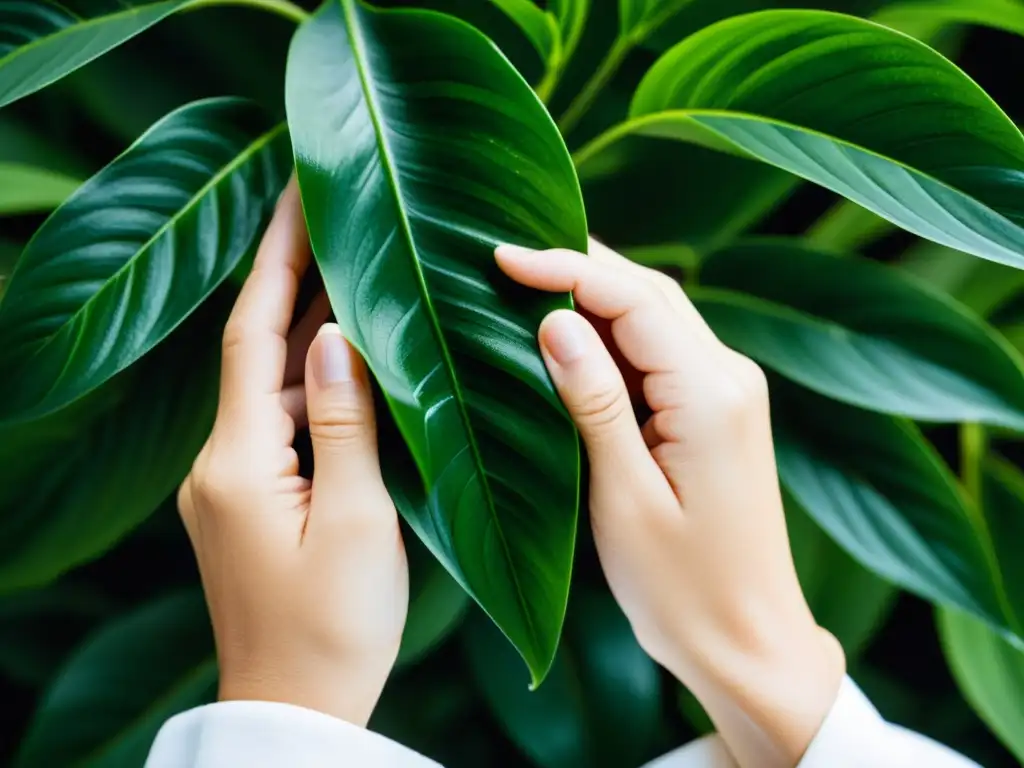 Un cuidadoso mantenimiento de la Zamioculca en interiores: manos limpiando suavemente las hojas verdes brillantes con un paño blanco