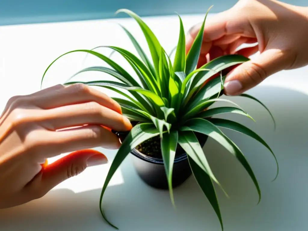 Un cuidadoso proceso de poda de plantas de aire en interiores, capturando la precisión y el arte de la poda con delicadas manos y tijeras